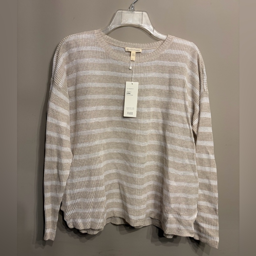 NWT Eileen Fisher Organic Linen Knit Stripe Natural Sweater Size S